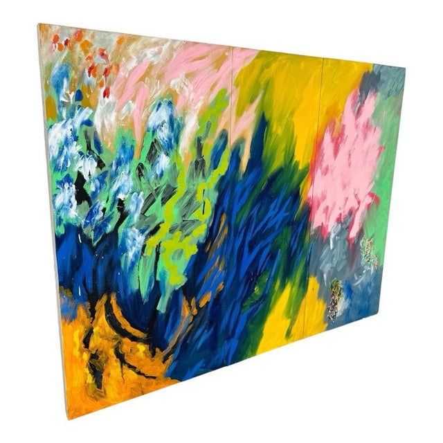 Abstract Large “Sand Stars” Abstract Expressionist Triptych by Nina Smith, 1985 – Original Signed Acrylic on Canvas Painting For Sale - Image 3 of 8