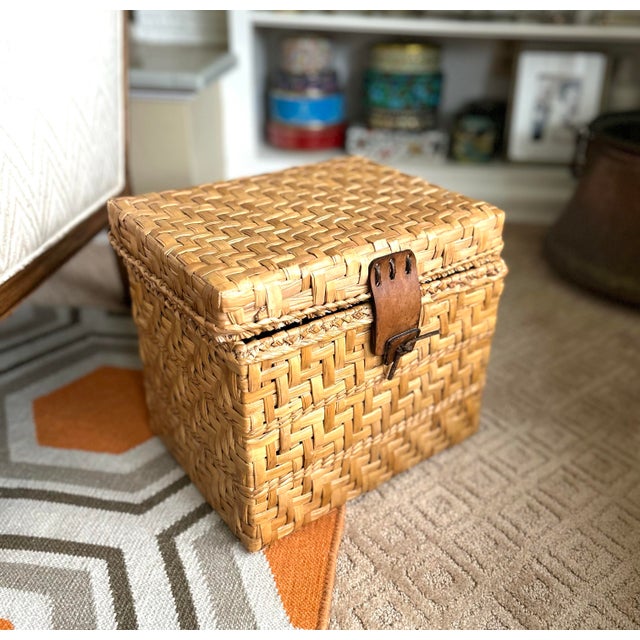 Contemporary Vintage Woven Rattan Storage Box With Leather Closures | Lidded File Box, Custom Designer Fabric Lined Interior, Boho Coastal Decor For Sale - Image 3 of 12