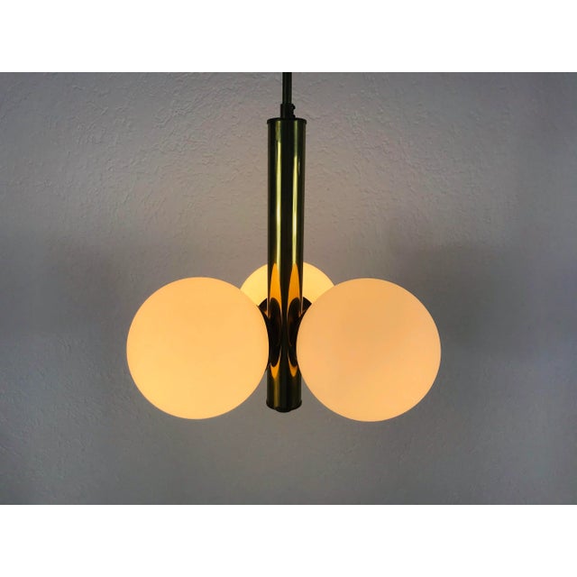 Brass 1960s Mid-Century Modern 3-Arm Opaline Glass and Brass Pendant Lamp by Kaiser, Germany For Sale - Image 8 of 10