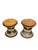 Striking pair of mid-20th century Anglo-Indian stools featuring beautifully woven rattan bases with intricate geometric...