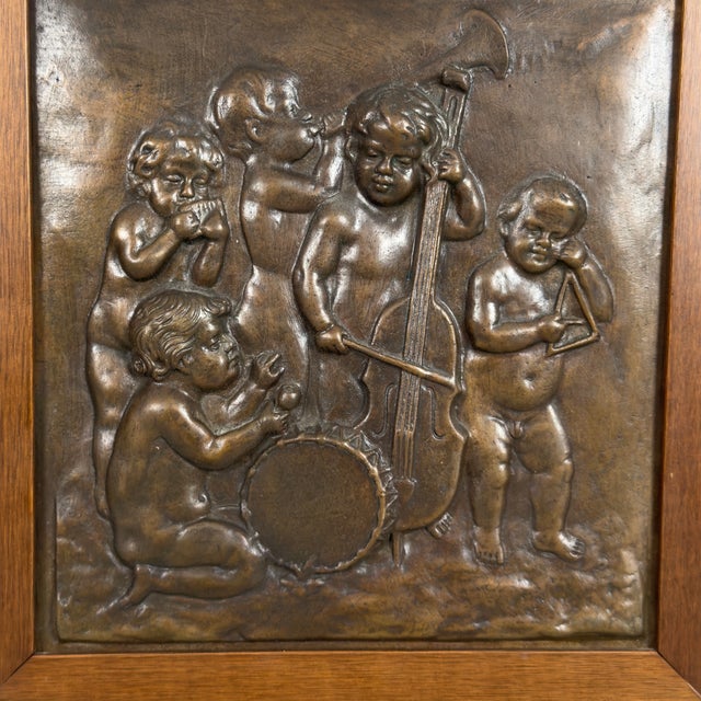 Wood High Relief Bronze Panel with Cherub Musicians in Wooden Frame, 20th Century For Sale - Image 7 of 11