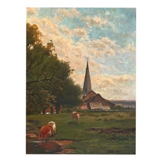 Pastoral Landscape, Oil Painting on Wood Panel, Framed For Sale