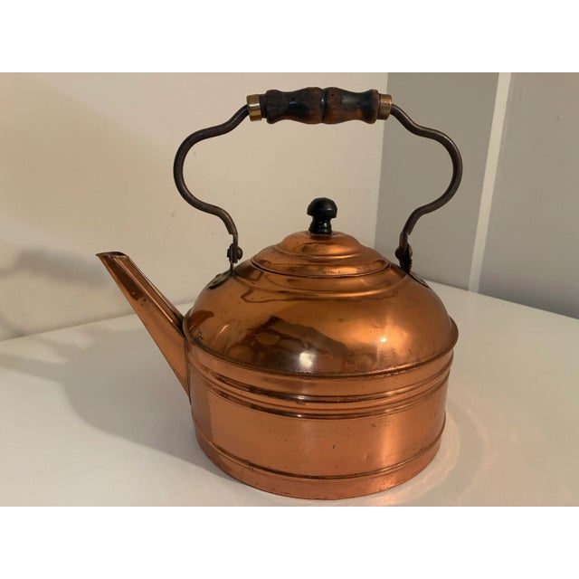 French Country Vintage Copper Tea Kettle With Turned Wood Handle - Large For Sale - Image 3 of 9