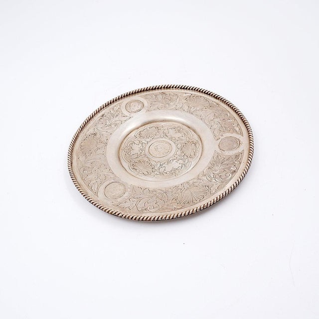 Metal Antique Silver Plate with Four Portuguese Coins, 1900s For Sale - Image 7 of 13
