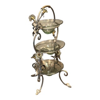 Neiman Marcus Exclusive, Janice Minor Vintage 3 Tier Metal & Glass Serving Stand With Floral Accents For Sale