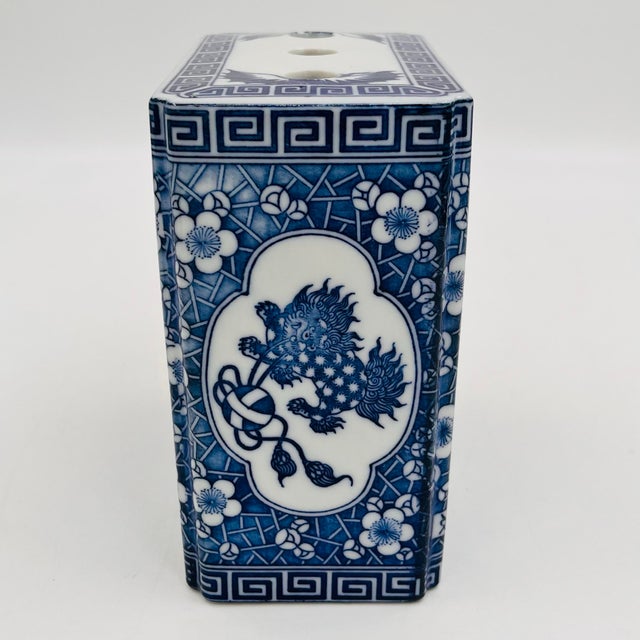 Blue Vintage Chinoiserie Blue and White Porcelain Foo Dog Flower Frog For Sale - Image 8 of 11