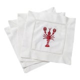 Lobster Cocktail Napkins White Cotton With Hem Stitch, Embroidered - Set of 4 For Sale