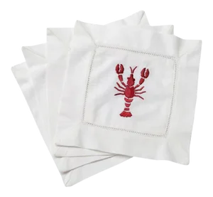 Lobster Cocktail Napkins White Cotton With Hem Stitch, Embroidered - Set of 4