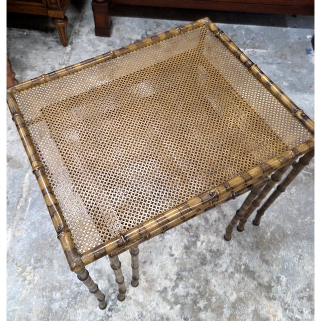 Vintage Hollywood Regency Faux Tortoiseshell, Faux Bamboo & Faux Cane Metal Nesting Tables – Set of 3 For Sale - Image 4 of 8