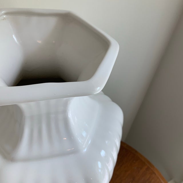 Ceramic Pair of 14” White Ribbed Ceramic Ginger Jar Vases for Traditional, Chinoiserie or Palm Beach Regency Decor. See Photos! For Sale - Image 7 of 8