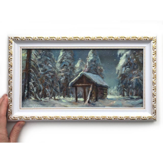Blue Framed Winter Forest Landscape Original Painting Vintage Style by Valeriya Serova For Sale - Image 8 of 10