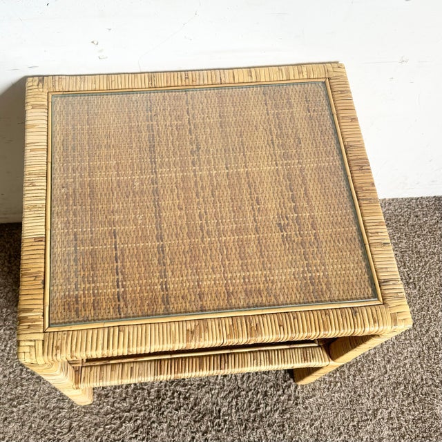 Boho Chic Boho Chic Wicker Rattan Glass Top Side Table/Nightstand For Sale - Image 3 of 6