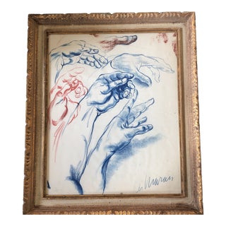 Original Vintage Large Pastel Figure Study of Hands Vintage Frame Signed 1960’s For Sale