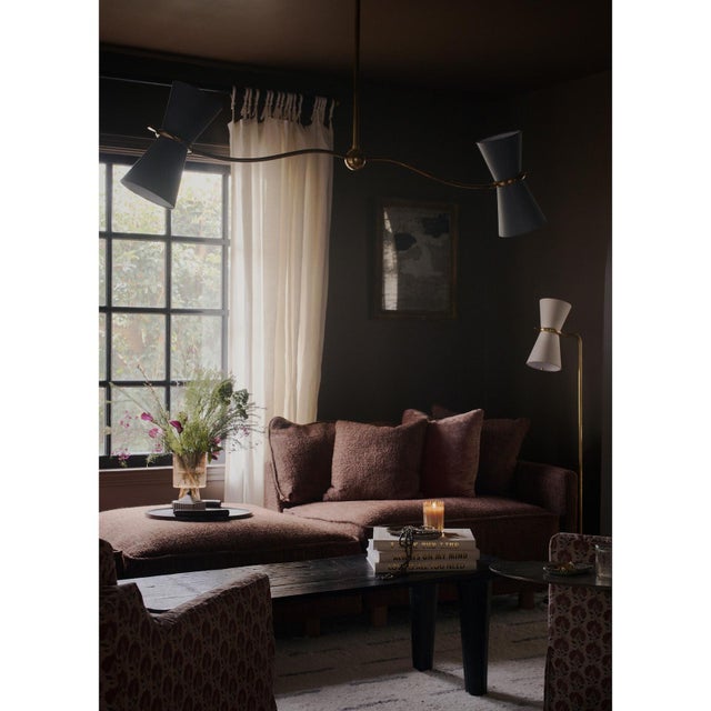Mid-Century Modern Gable Linear Chandelier, Antique Brass with Storm Blue Shade For Sale - Image 3 of 9
