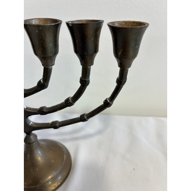 Metal Vintage Solid Brass Seven-Branch Menorah Candelabra For Sale - Image 7 of 9