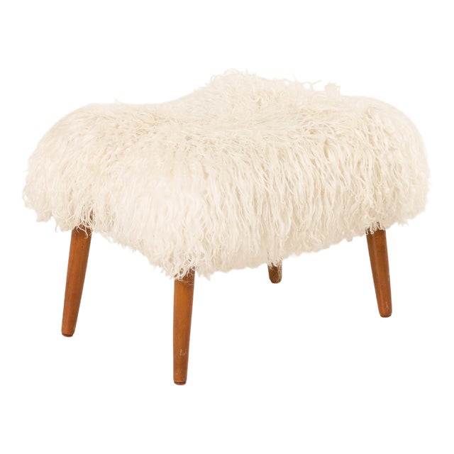Mid-Century Modern Scandinavian Ottoman in Long Hair Sheepskin, 1970s For Sale