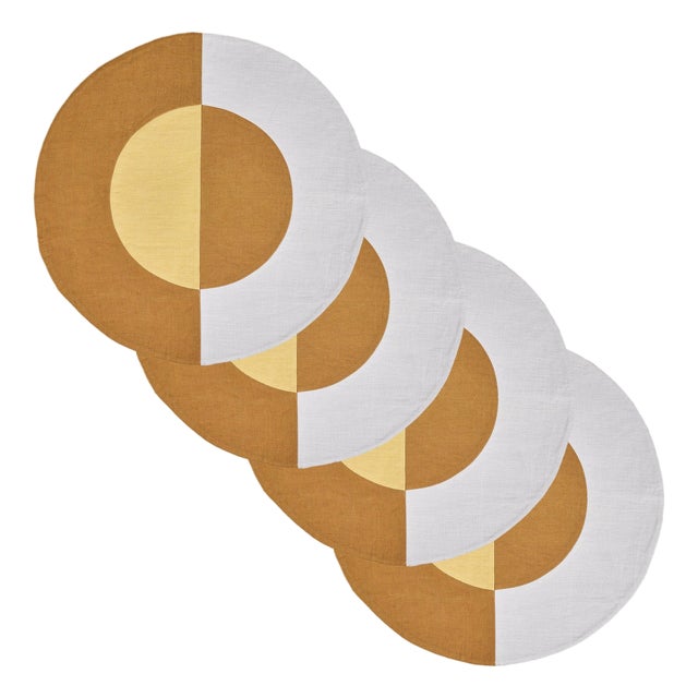 Misette Bauhaus Embroidered Linen Round Placemats in Amber, Set of 4 For Sale