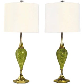 Rembrandt Green Ceramic and Brass Table Lamps - a Pair For Sale