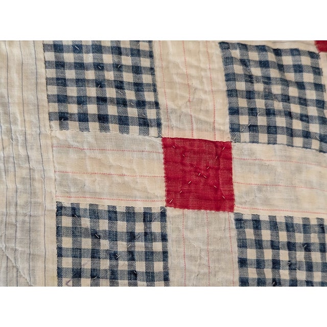 Textile Hand-Stitched American Folk Art Nine Patch Pattern Quilt For Sale - Image 7 of 10