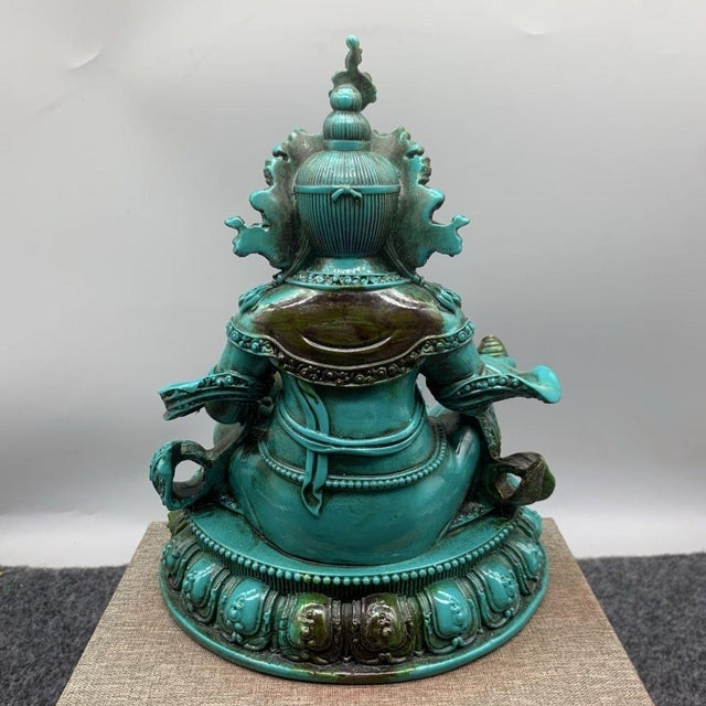 Vintage Tibetan Style Turquoise Green Yellow Jambhala Wealth Deity Statue For Sale In Los Angeles - Image 6 of 9