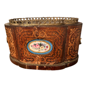 Early 20th Century Napoleon III Style Parquetry Jardiniere With Sevres Style Plaques