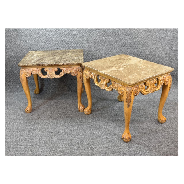 Chippendale Chippendale Style Marble Mahogany End Tables - a Pair For Sale - Image 3 of 11