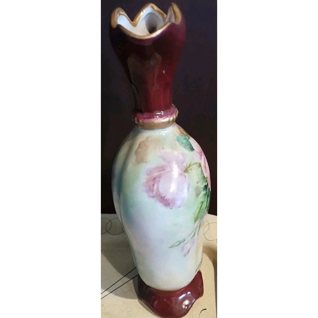 Regency Hand Painted Vase Pitcher Burgundy Pink Hand Painted Roses Footed Artist M. Stroud For Sale - Image 4 of 7