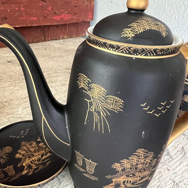 Vintage Kutani China Hand-Painted Black & Gold Japanese Tea Set With Teapot & Cups - Set of 15 For Sale - Image 10 of 18