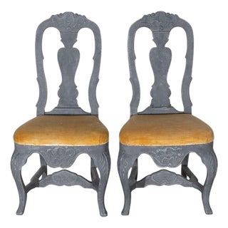 Fine Pair of 19th Century Swedish Rococo Chairs in Black Paint For Sale