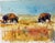 This watercolor depicts two bison grazing in a sunlit, open landscape, capturing the essence of the American plains. The...