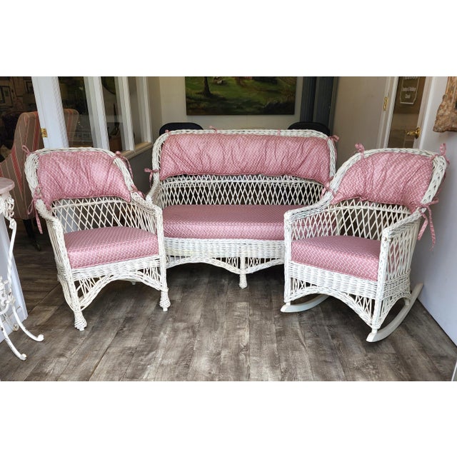 This stunning four-piece Bar Harbor style wicker set captures the quintessential charm of early 20th-century coastal...