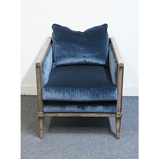 Contemporary Vanguard Furniture Contemporary Modern Channel Stitched Slate Blue Velvet Upholstered Accent Arm Chair For Sale - Image 3 of 9