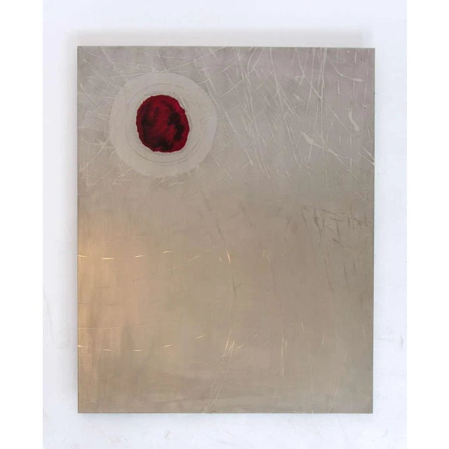 Stainless steel art work with etched abstract relief and enamel paint by unknown Dutch 1980s artist. HEIGHT: 30.71 in. (78...