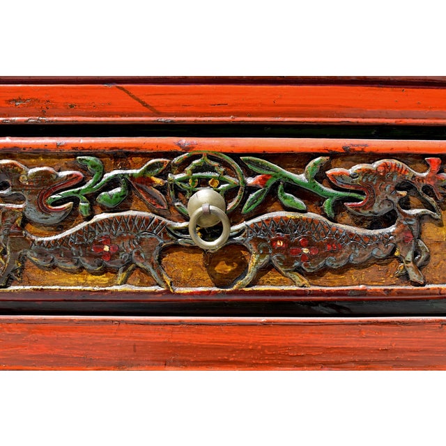 Monumental 8 Ft Extra Long 19th Century Chinese Console Altar Table Carved 5 Drawers Red Orange Green For Sale - Image 15 of 16