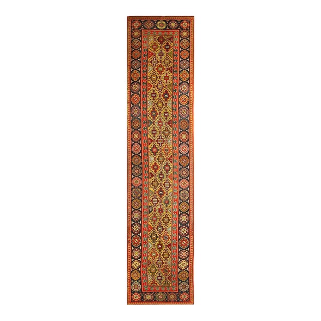 1880s Yellow Antique Geometric Tribal Knotted Wool Caucasian Tallish Runner Rug For Sale