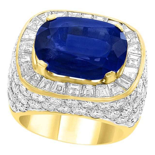 Agl Certified No Heat Natural 11.81 Ct Blue Sapphire & Diamond 18k Gold Ring For Sale