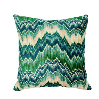 Schumacher Bezique Flamestitch Velvet Pillow in Blue & Green For Sale