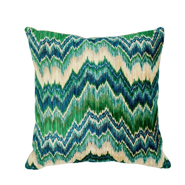 Schumacher Bezique Flamestitch Velvet Pillow in Blue & Green For Sale