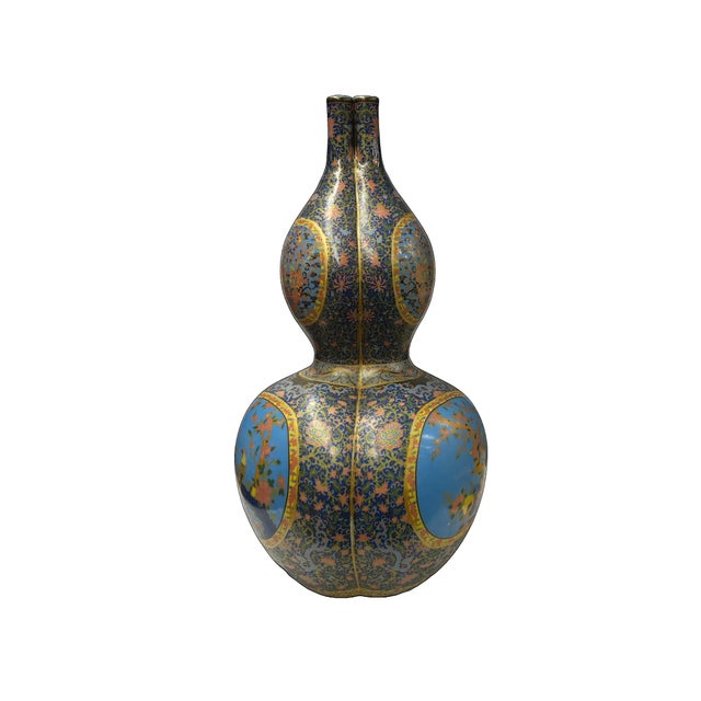 Ceramic Oriental Purple Blue Gourd Shape Floral Graphic Porcelain Art Vase For Sale - Image 7 of 18