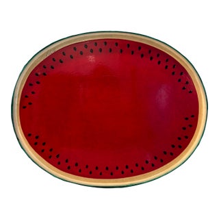 Vintage Mexican Folk Art Lacquered Watermelon Signed Tray Wall Art For Sale