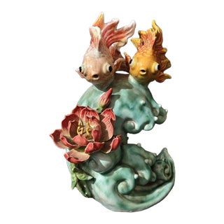 Vintage Shiwan Kiln Glazed Double Fish & Lotus Sculpture / "Abundance" Statue For Sale