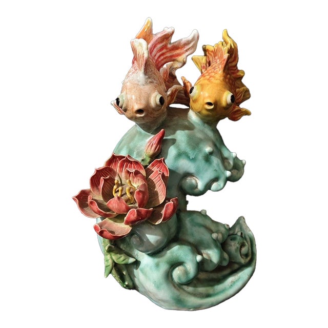 Vintage Shiwan Kiln Glazed Double Fish & Lotus Sculpture / "Abundance" Statue For Sale