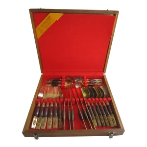 Vintage Siam Thai Brass and Rosewood Flatware Set, Service for 6