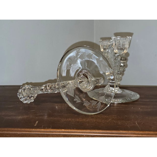 Vintage Pressed‑Glass Candlesticks With Etched Leaf Bases — Pair For Sale - Image 11 of 12