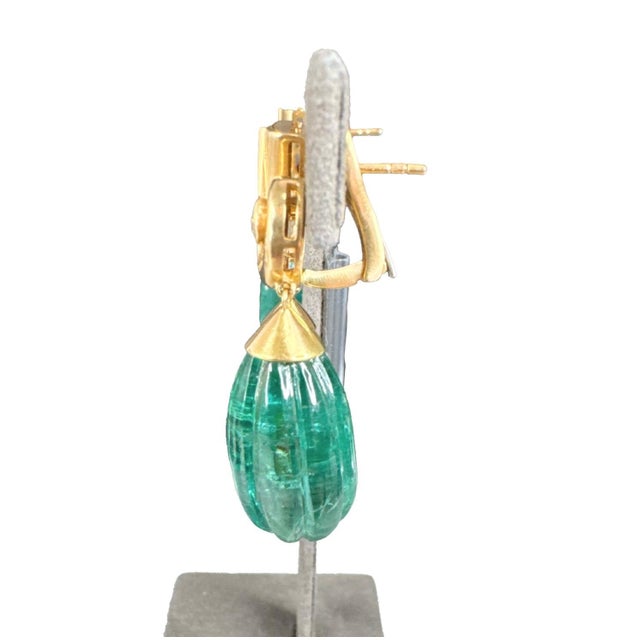 Contemporary 56.68 CTW Vintage Style Emerald & Diamond 18k Yellow Gold Earrings, A Pair For Sale - Image 3 of 4