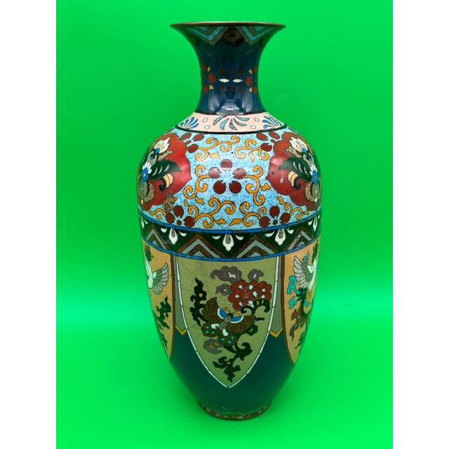Large Antique Meiji Japanese Cloisonne Dragon Ho-O Phoenix Shield Vase 11.75” For Sale - Image 9 of 11