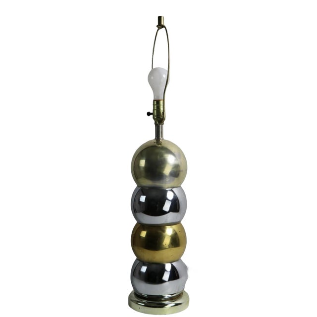 Pr Brass and Chrome Stacked Ball Table Lamps Made in Usa Att. To Kovacs Ca. 1970's For Sale - Image 11 of 13