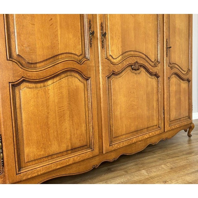 Vintage French Louis XVI Style Carved Oak 3-Door Armoire For Sale - Image 9 of 13