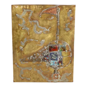 Brutalist Mixed Metal and Enamel Wall Plaque Signed Lilie Ca. 1970's