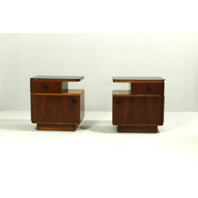 Mid-Century Nightstands with Walnut Veneer and Black Opal Glass Tops, 1960s, Set of 2 For Sale - Image 17 of 17